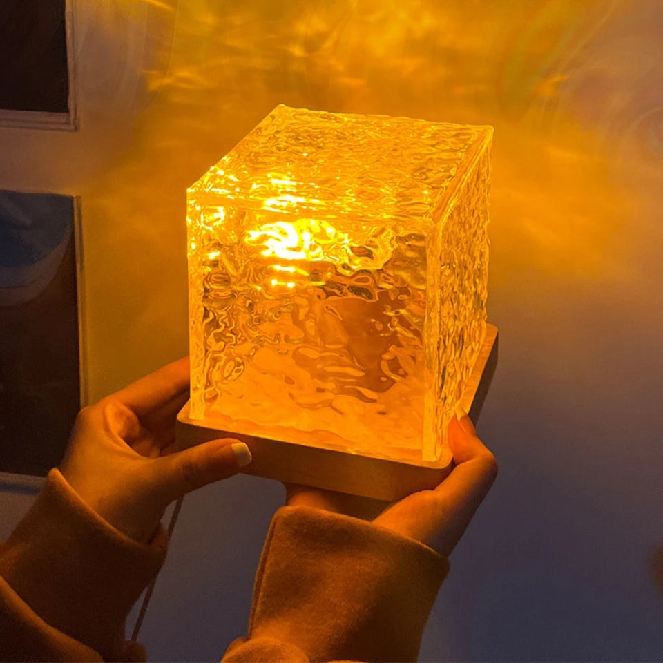 Water Ripple Cube Night Light – 16 Colors Crystal LED Table Lamp with Remote Control & USB Plug-in for Bedside